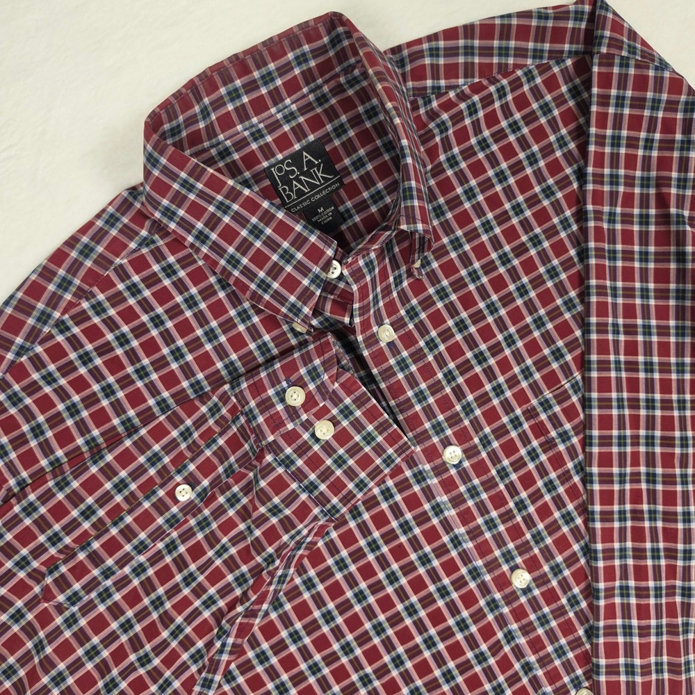 Jos. A. Bank Mens Plaid Button Down Shirt Red Blue White Cotton Classic Size M
